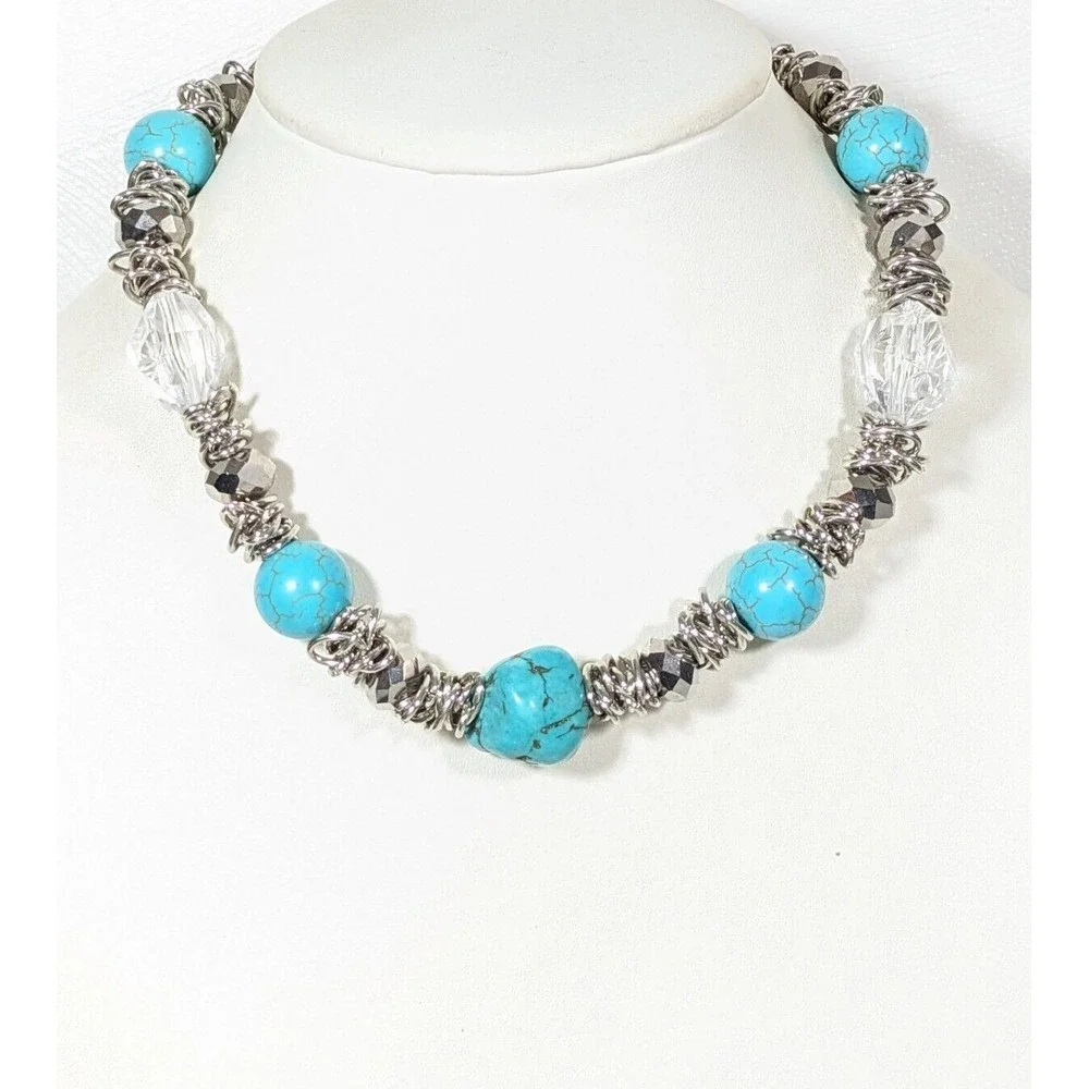 Beachy Coastal Blue Stone Faux Turquoise Bold Beaded Necklace 20‎ inch